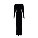 Elegant pink dress with long sleeves and ruffle details, form-fitting silhouette, Rosie Elegance.