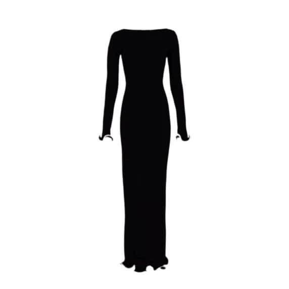 Elegant pink dress with long sleeves and ruffle details, form-fitting silhouette, Rosie Elegance.
