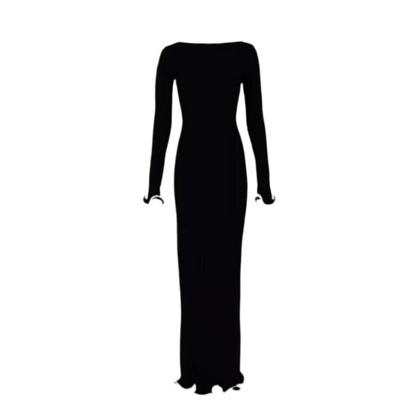 Elegant pink dress with long sleeves and ruffle details, form-fitting silhouette, Rosie Elegance.
