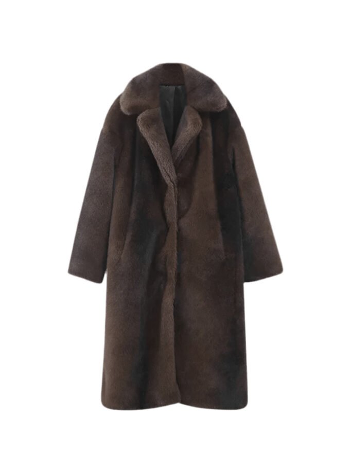 Luxurious Royal Luxe Coat in brown faux fur with long voluminous design.