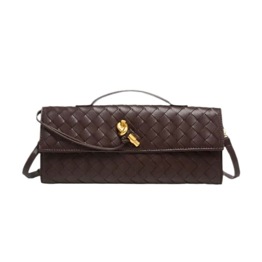 Luxurious burgundy shoulder bag "Royal Weave" with woven design and gold knot detail.