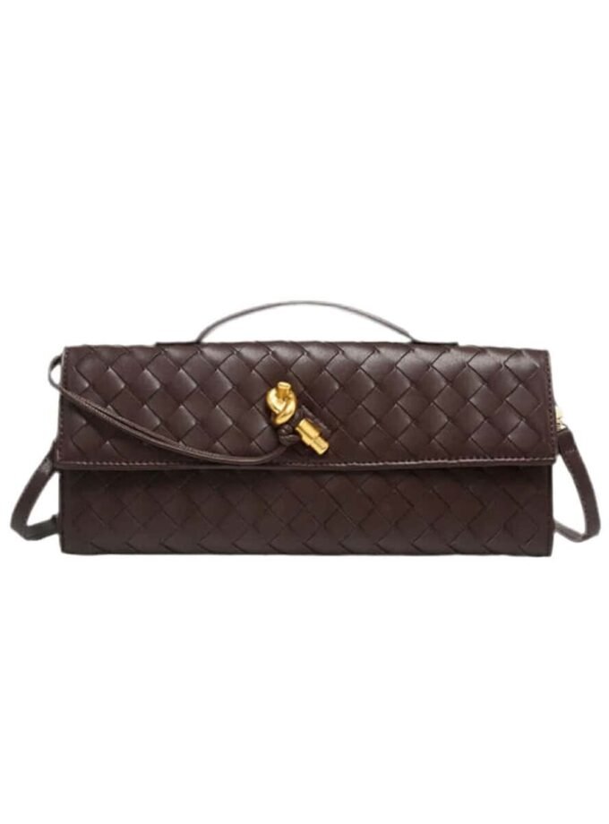 Luxurious burgundy shoulder bag "Royal Weave" with woven design and gold knot detail.