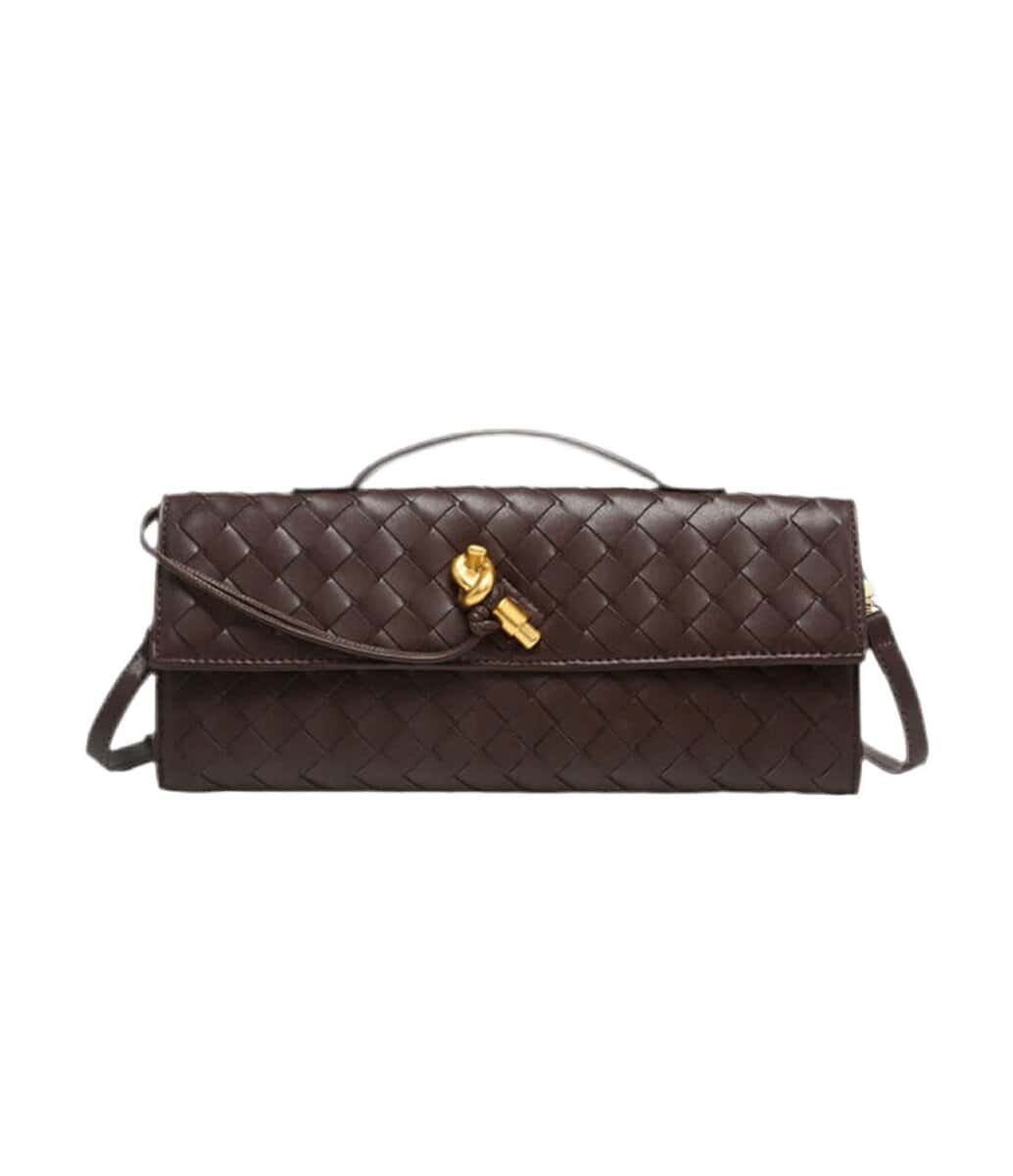 Luxurious burgundy shoulder bag "Royal Weave" with woven design and gold knot detail.
