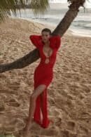 Scarlet Beach Glow Dress with deep neckline and gold buckle on a beach.