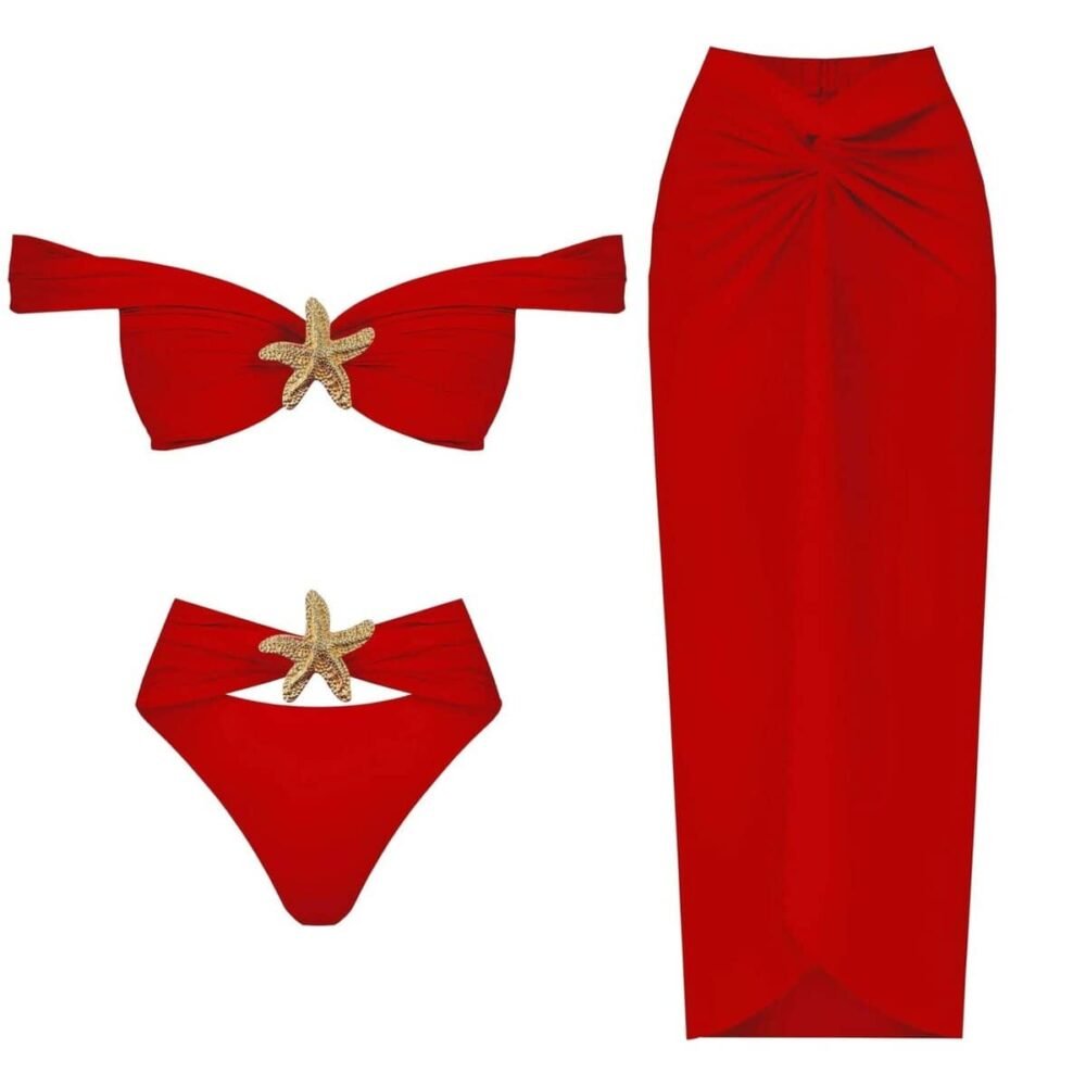 Elegant red bikini and sarong set with golden starfish accents, Sea Glam Set.
