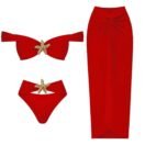 Elegant red bikini and sarong set with golden starfish accents, Sea Glam Set.