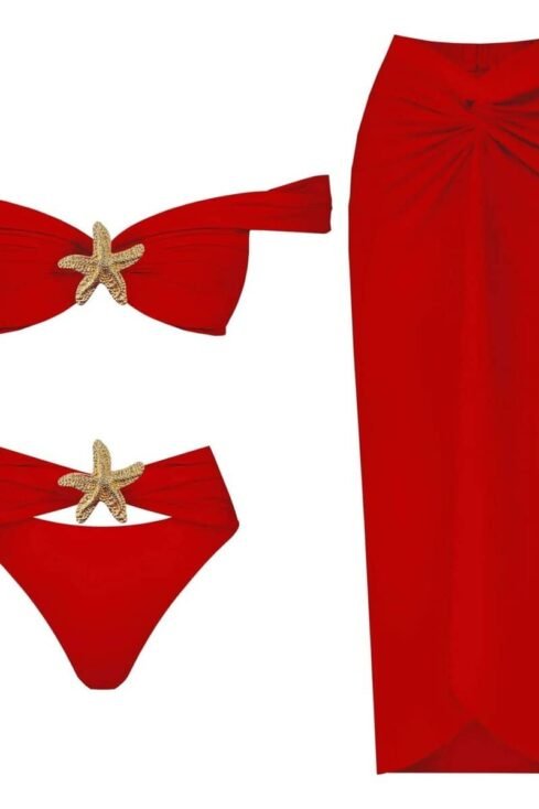 Elegant red bikini and sarong set with golden starfish accents, Sea Glam Set.