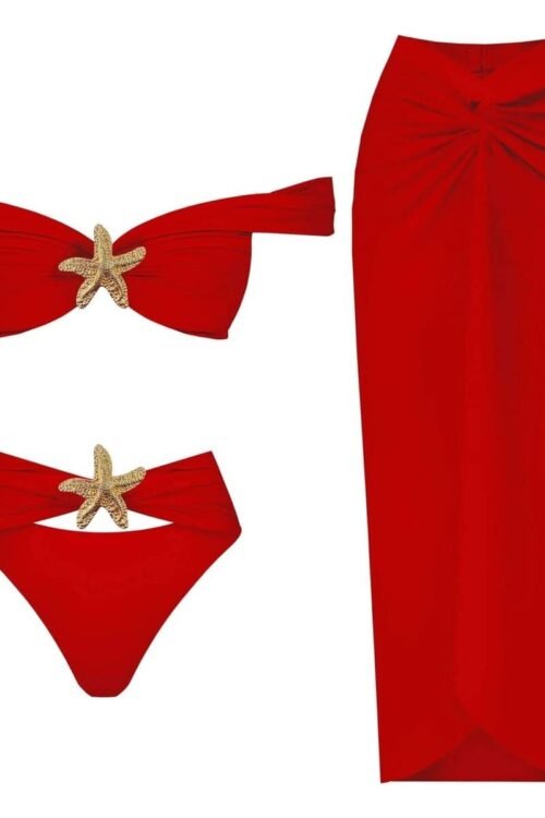 Elegant red bikini and sarong set with golden starfish accents, Sea Glam Set.