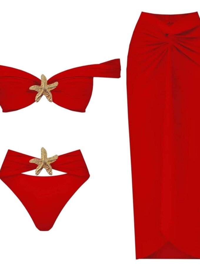 Elegant red bikini and sarong set with golden starfish accents, Sea Glam Set.