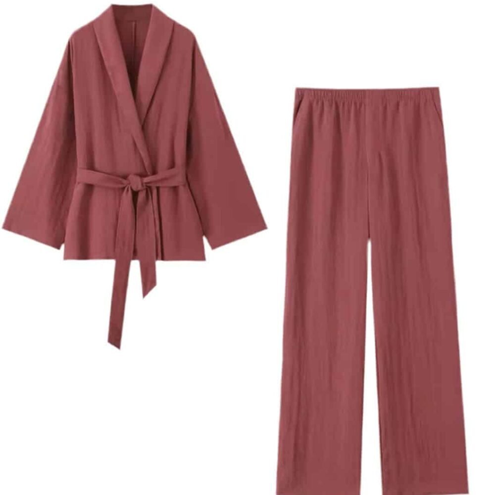 Soft Wrap Set with wrap jacket and elastic waistband pants in warm tone.
