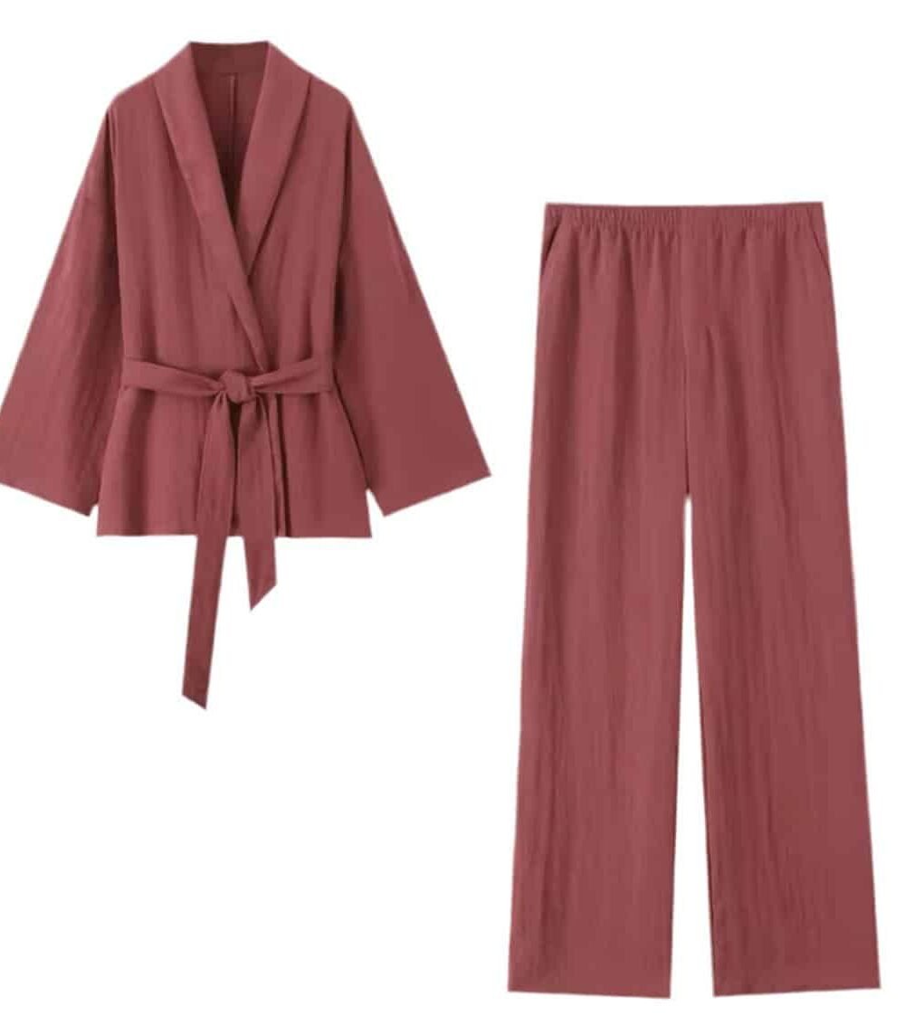 Soft Wrap Set with wrap jacket and elastic waistband pants in warm tone.
