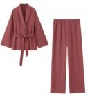 Soft Wrap Set with wrap jacket and elastic waistband pants in warm tone.