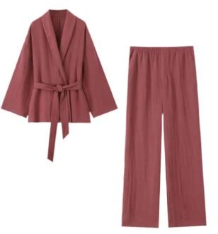 Soft Wrap Set with wrap jacket and elastic waistband pants in warm tone.