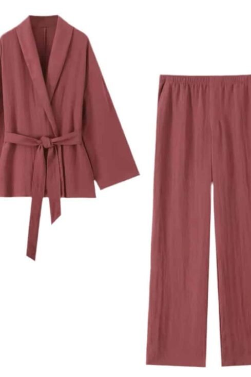 Soft Wrap Set with wrap jacket and elastic waistband pants in warm tone.