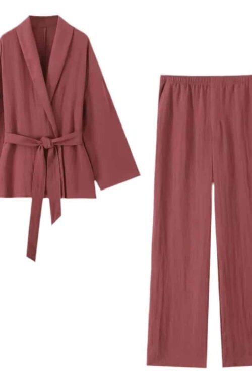Soft Wrap Set with wrap jacket and elastic waistband pants in warm tone.