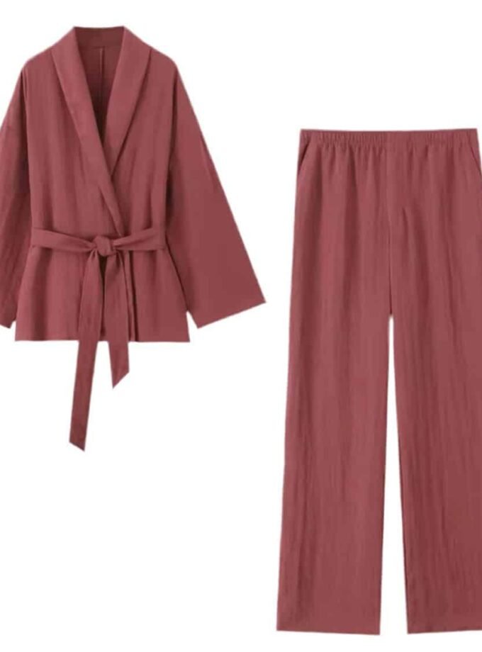 Soft Wrap Set with wrap jacket and elastic waistband pants in warm tone.