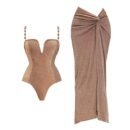 Soleil Glow Set 2-Piece Sparkle Edition featuring a shaping bodysuit with pearl straps and a draped sarong skirt.