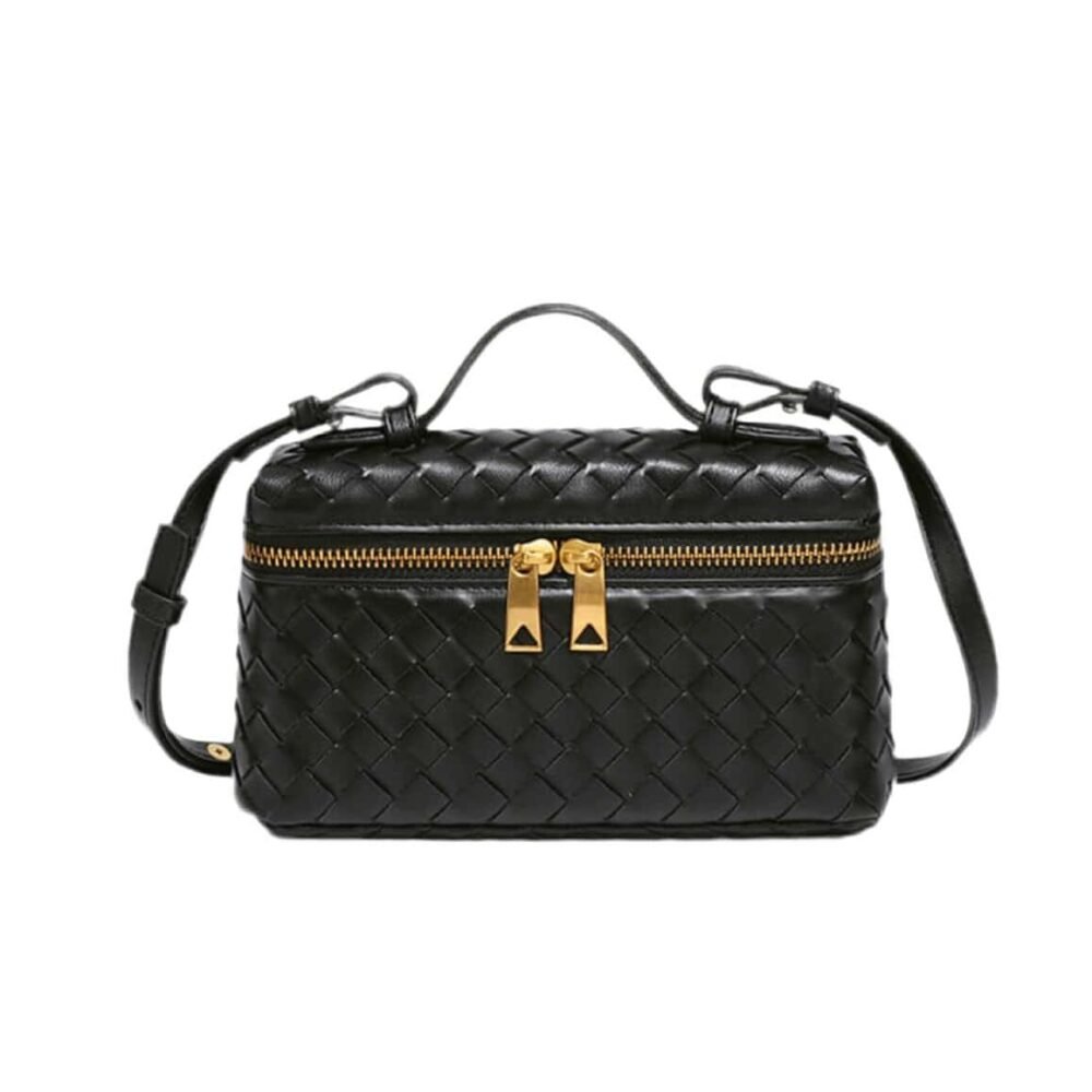 Sophia Woven Classic black crossbody bag with gold zippers and braided details.