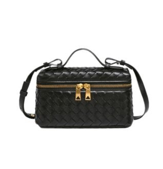 Sophia Woven Classic black crossbody bag with gold zippers and braided details.