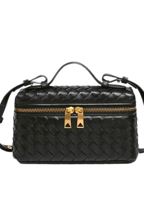 Sophia Woven Classic black crossbody bag with gold zippers and braided details.