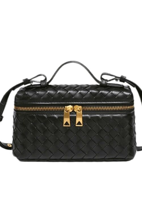 Sophia Woven Classic black crossbody bag with gold zippers and braided details.