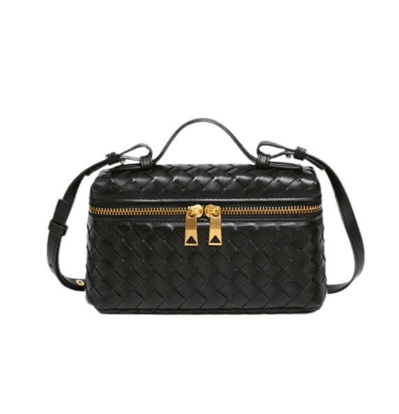Sophia Woven Classic black crossbody bag with gold zippers and braided details.