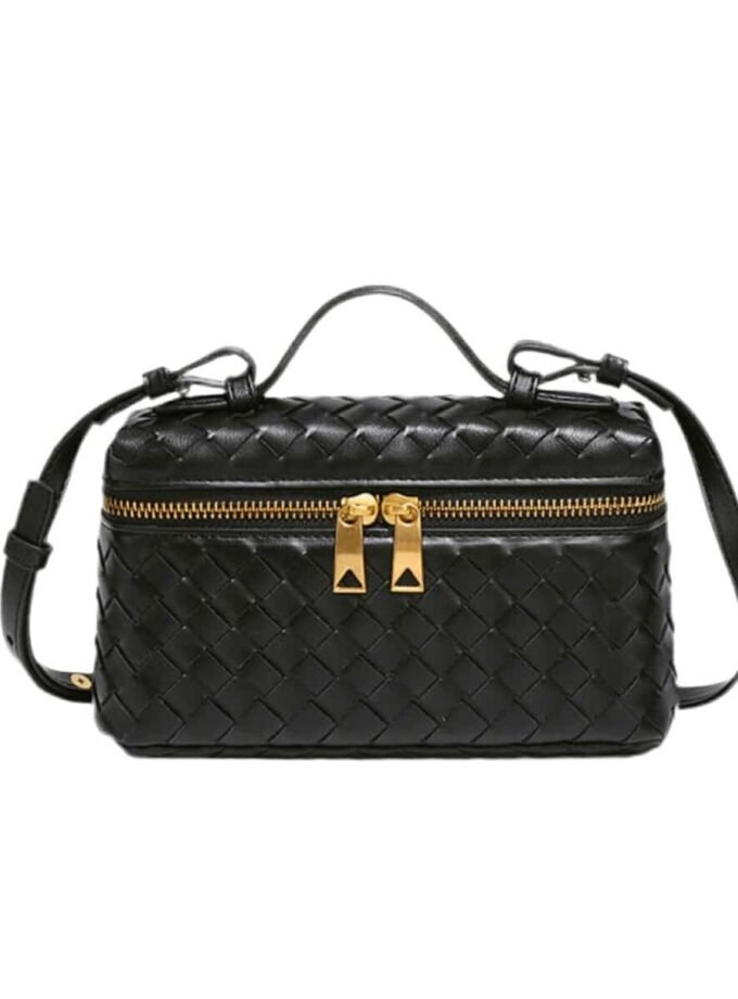 Sophia Woven Classic black crossbody bag with gold zippers and braided details.
