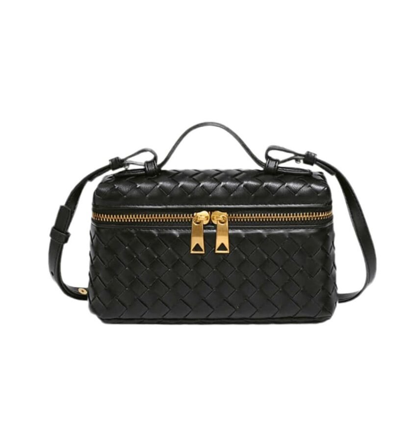 Sophia Woven Classic black crossbody bag with gold zippers and braided details.