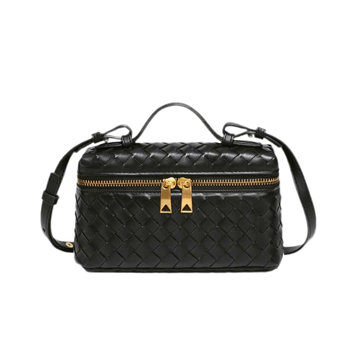 Sophia Woven Classic black crossbody bag with gold zippers and braided details.