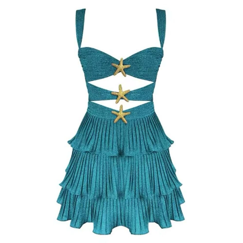 Elegant Starfish Glam Dress with gold starfish accents and pleated skirt.