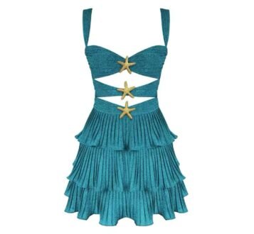 Elegant Starfish Glam Dress with gold starfish accents and pleated skirt.