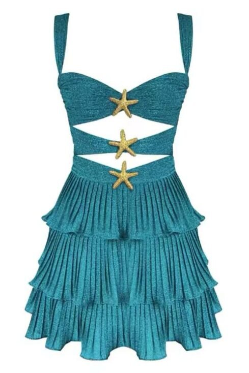 Elegant Starfish Glam Dress with gold starfish accents and pleated skirt.