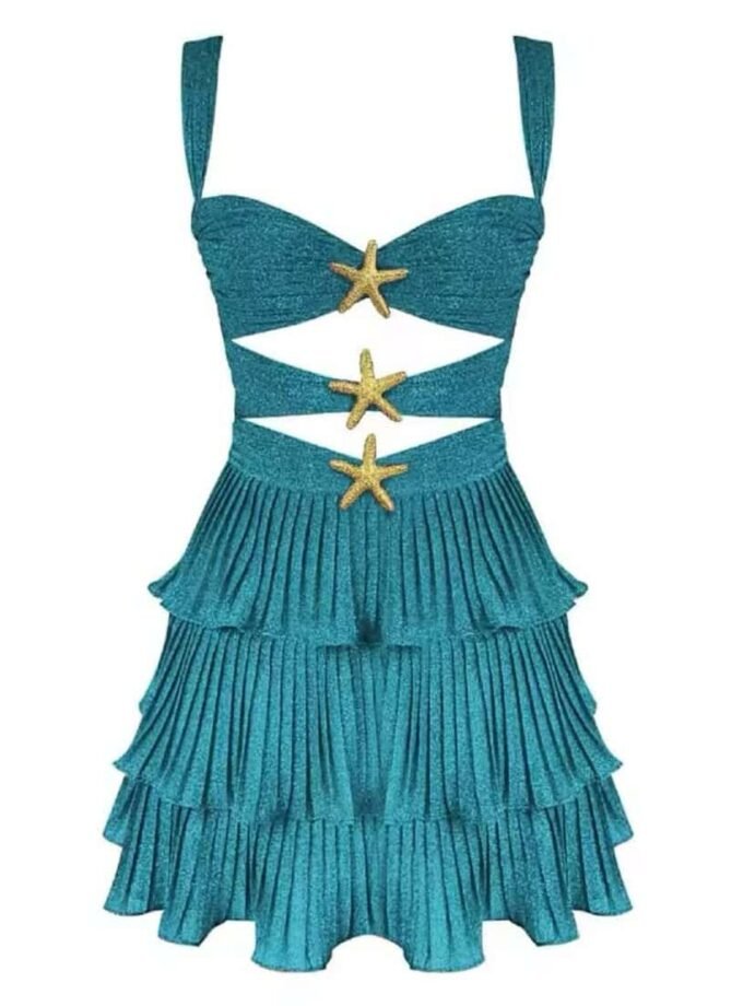 Elegant Starfish Glam Dress with gold starfish accents and pleated skirt.