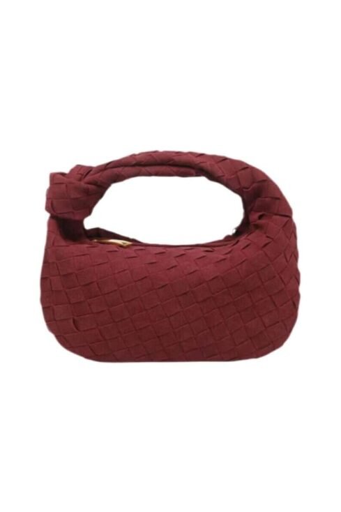 Suede braided hobo handbag with woven design and curved handle.