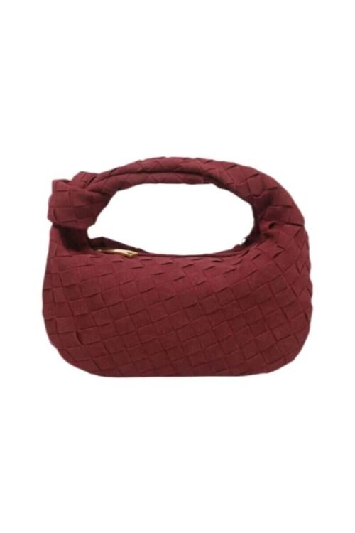 Suede braided hobo handbag with woven design and curved handle.