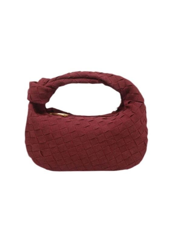 Suede braided hobo handbag with woven design and curved handle.
