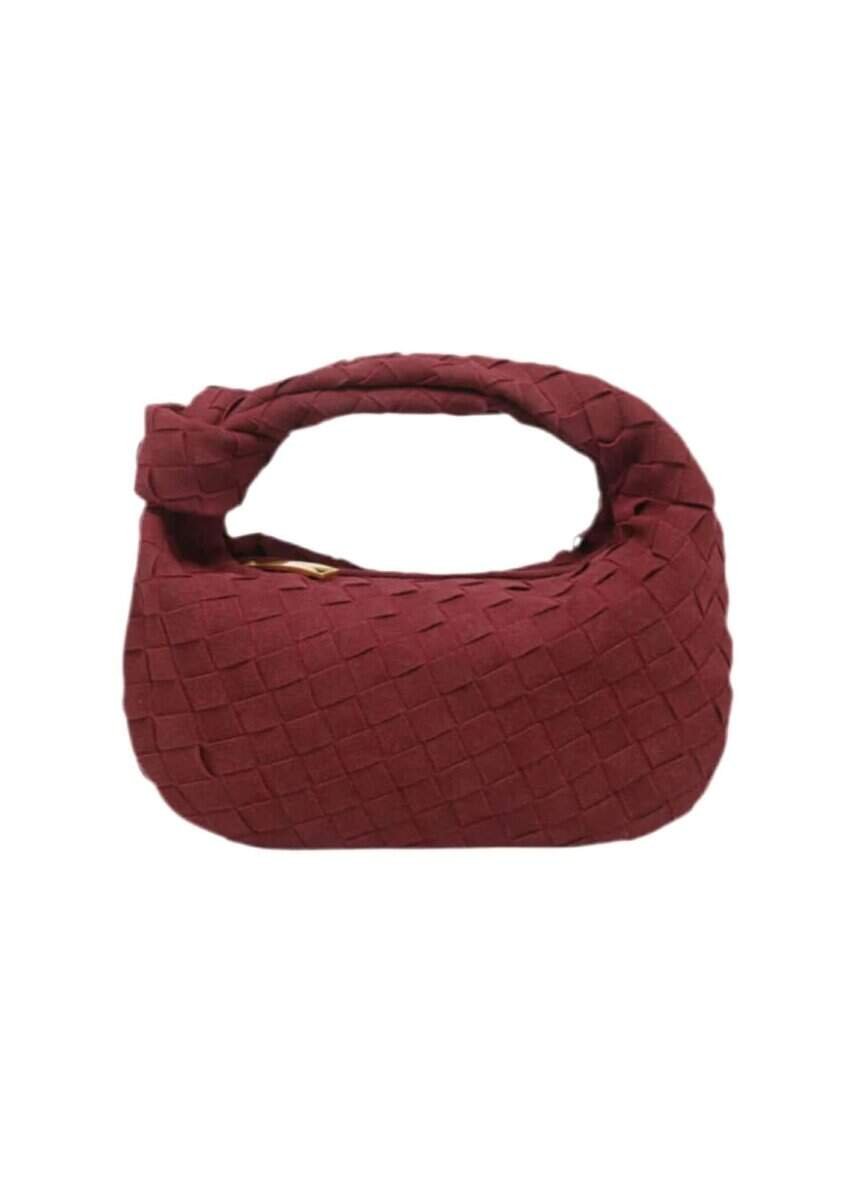 Suede braided hobo handbag with woven design and curved handle.