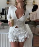Damen Zweiteiler Set Crinkle Bluse Rüschenrock