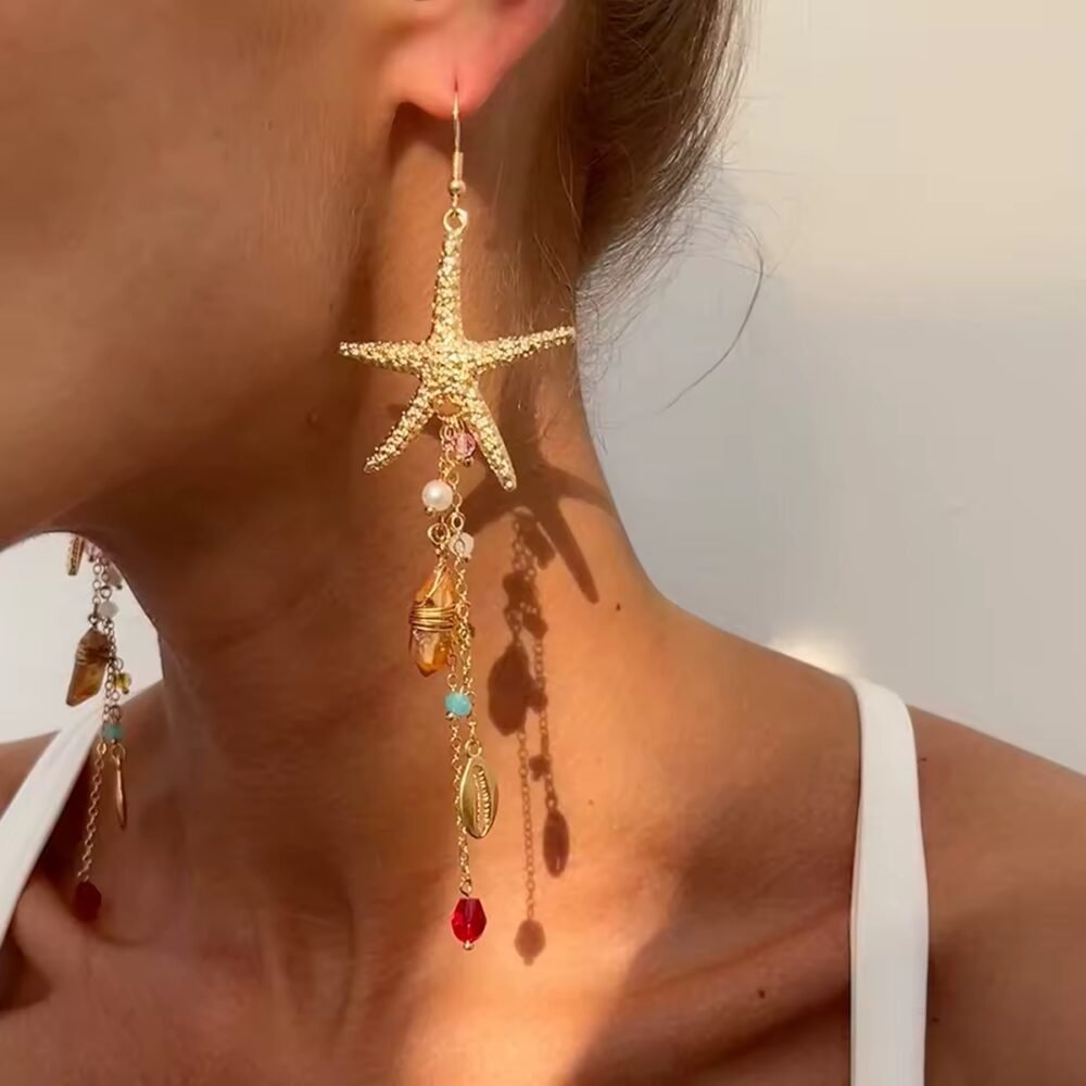 Golden Ocean – Boho Seestern Ohrringe mit Muschel- & Perlenanhängern