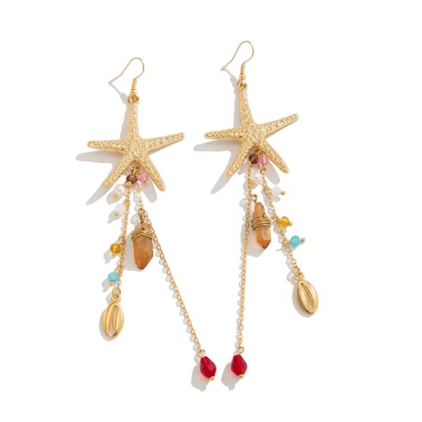 Golden Ocean – Boho Seestern Ohrringe mit Muschel- & Perlenanhängern - Image 5