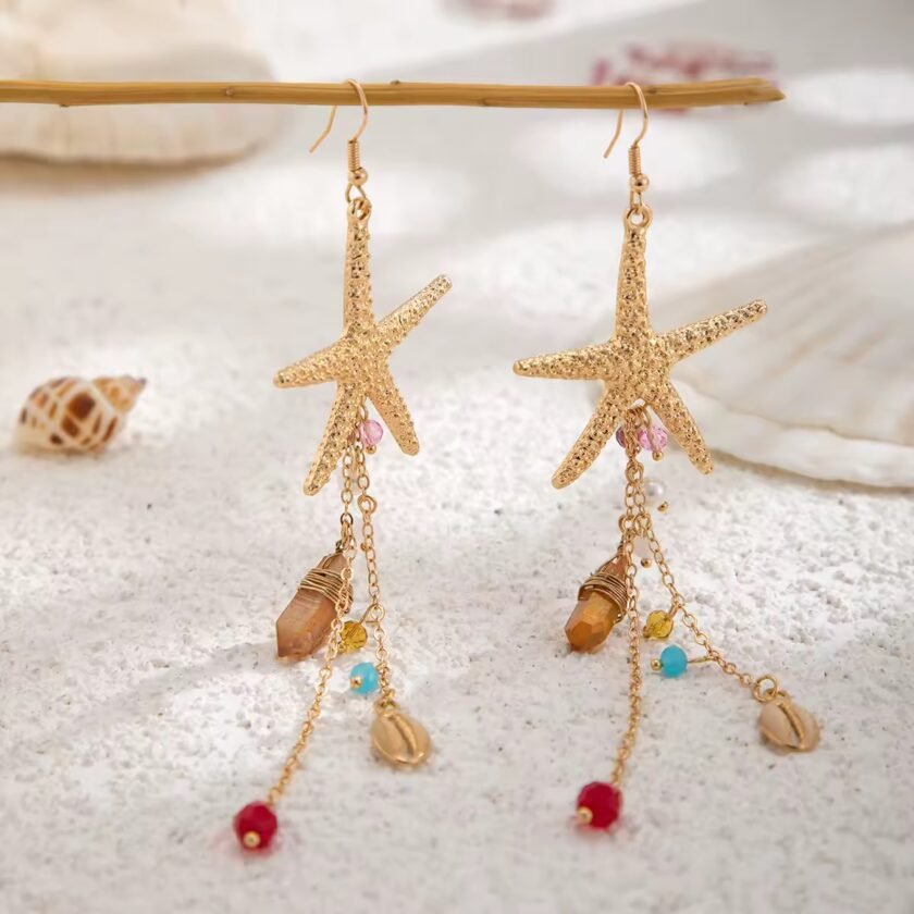 Golden Ocean – Boho Seestern Ohrringe mit Muschel- & Perlenanhängern - Image 2