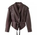 Besellics Suede-Optik Damenjacke – Dunkelbraun mit Taillengürtel & Schnürdetails