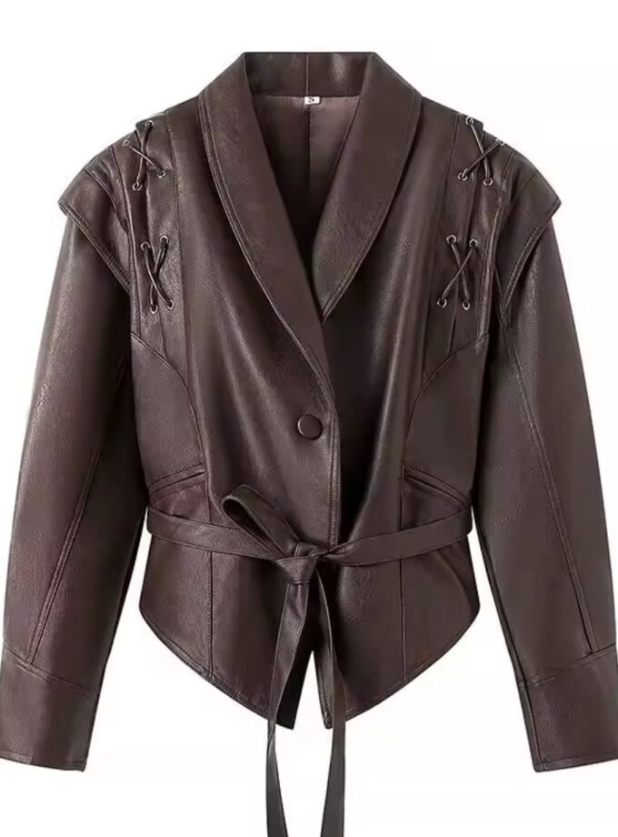 Besellics Suede-Optik Damenjacke – Dunkelbraun mit Taillengürtel & Schnürdetails