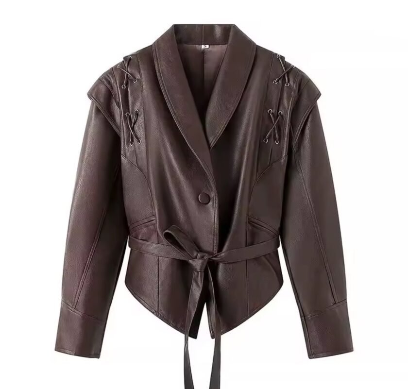 Besellics Suede-Optik Damenjacke – Dunkelbraun mit Taillengürtel & Schnürdetails