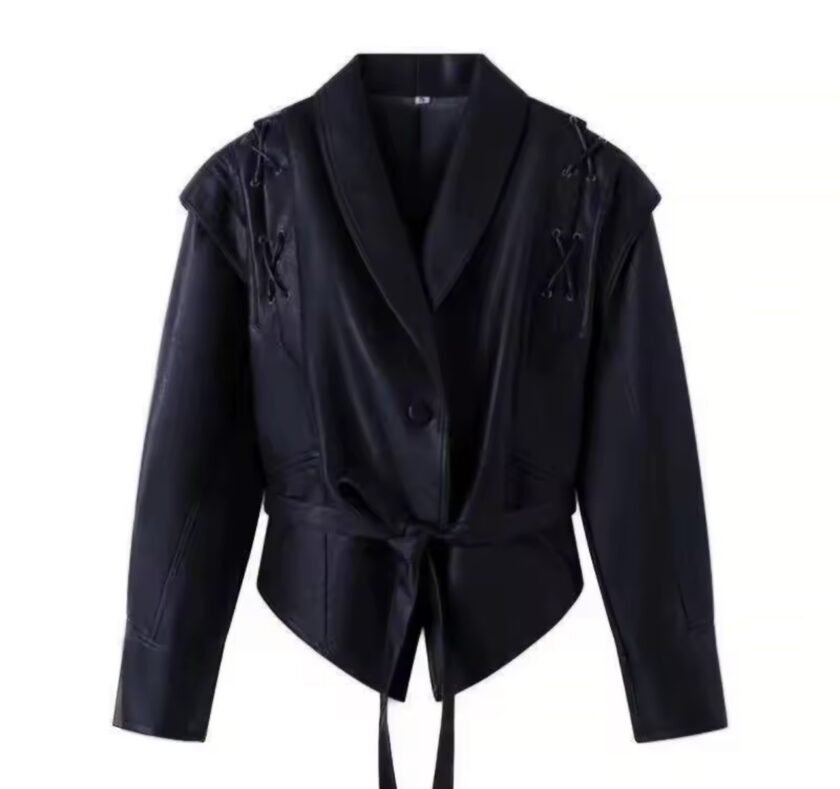 Besellics Suede-Optik Damenjacke – Dunkelbraun mit Taillengürtel & Schnürdetails - Image 7