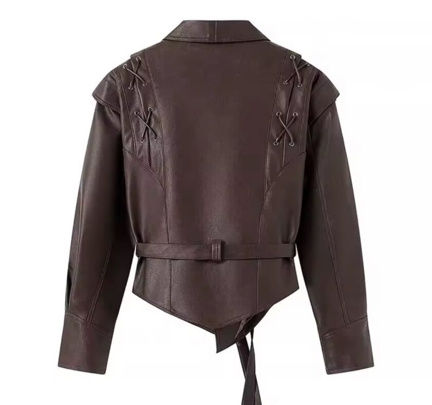 Besellics Suede-Optik Damenjacke – Dunkelbraun mit Taillengürtel & Schnürdetails - Image 6