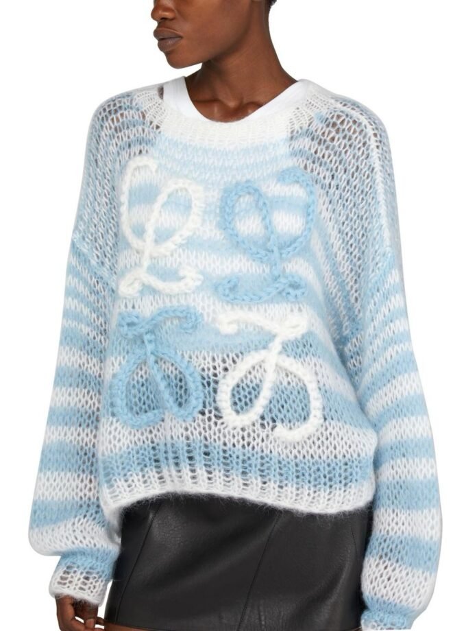 Damen Oversize Strickpullover Blau-Weiß gestreift mit Schleifen-Details – Luftig & Stylisch