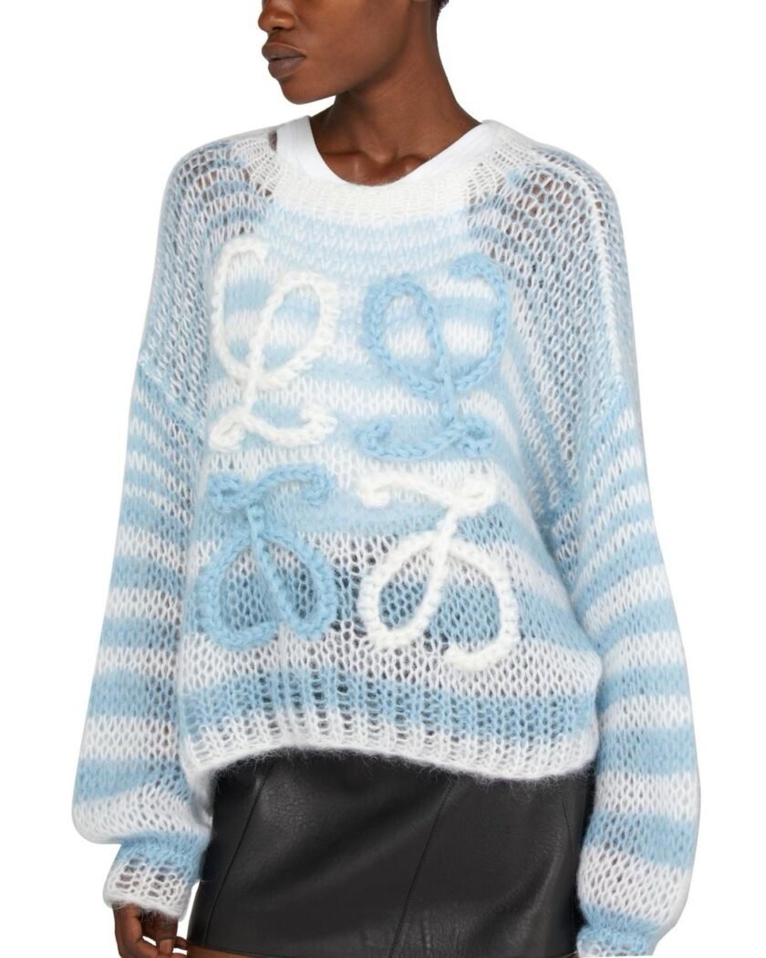 Damen Oversize Strickpullover Blau-Weiß gestreift mit Schleifen-Details – Luftig & Stylisch